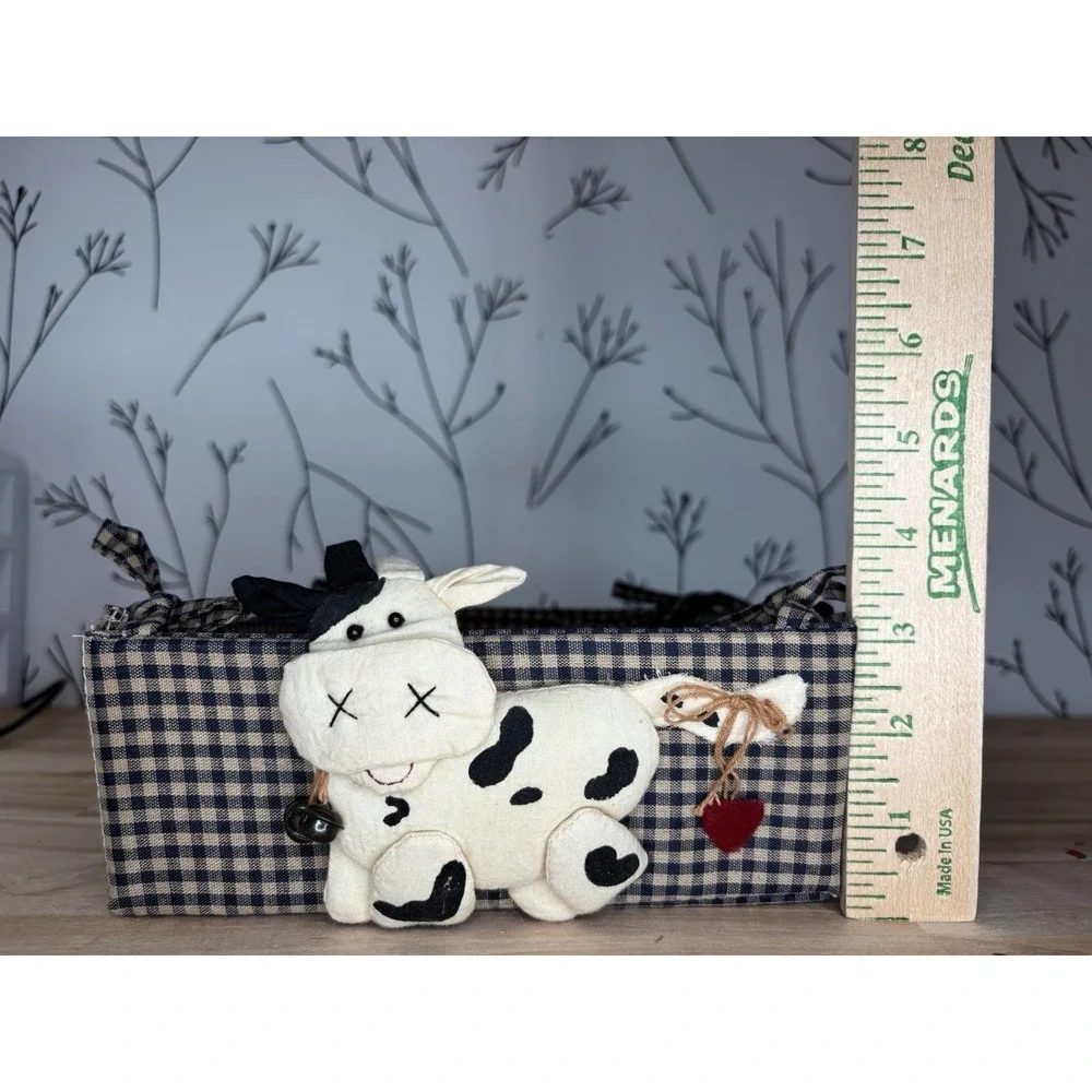 Country Style Fabric Basket w/ a Cute Plush Cow Granny Core, Cottage Core